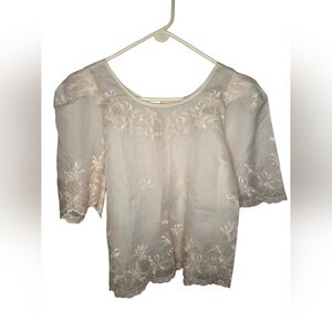 Vintage Tesoro Cream Floral Embroidery Sheer Blouse Top Scallop Size 12